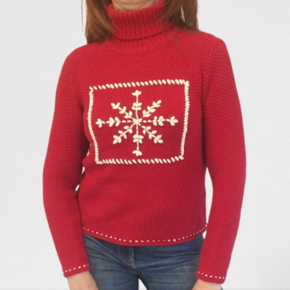 Vintage Red Turtleneck Sweater with Cream Snowflake